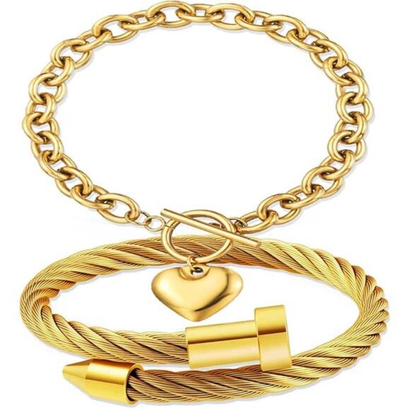 18K Gold Plated Nail Bracelet Set, Adjustable Stackable Bangles for Women - Picture 1 of 6